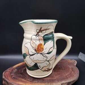 Signed C Miller Studio Pottery Pitcher Magnolia Floral Cream Green Spout 7.5"
